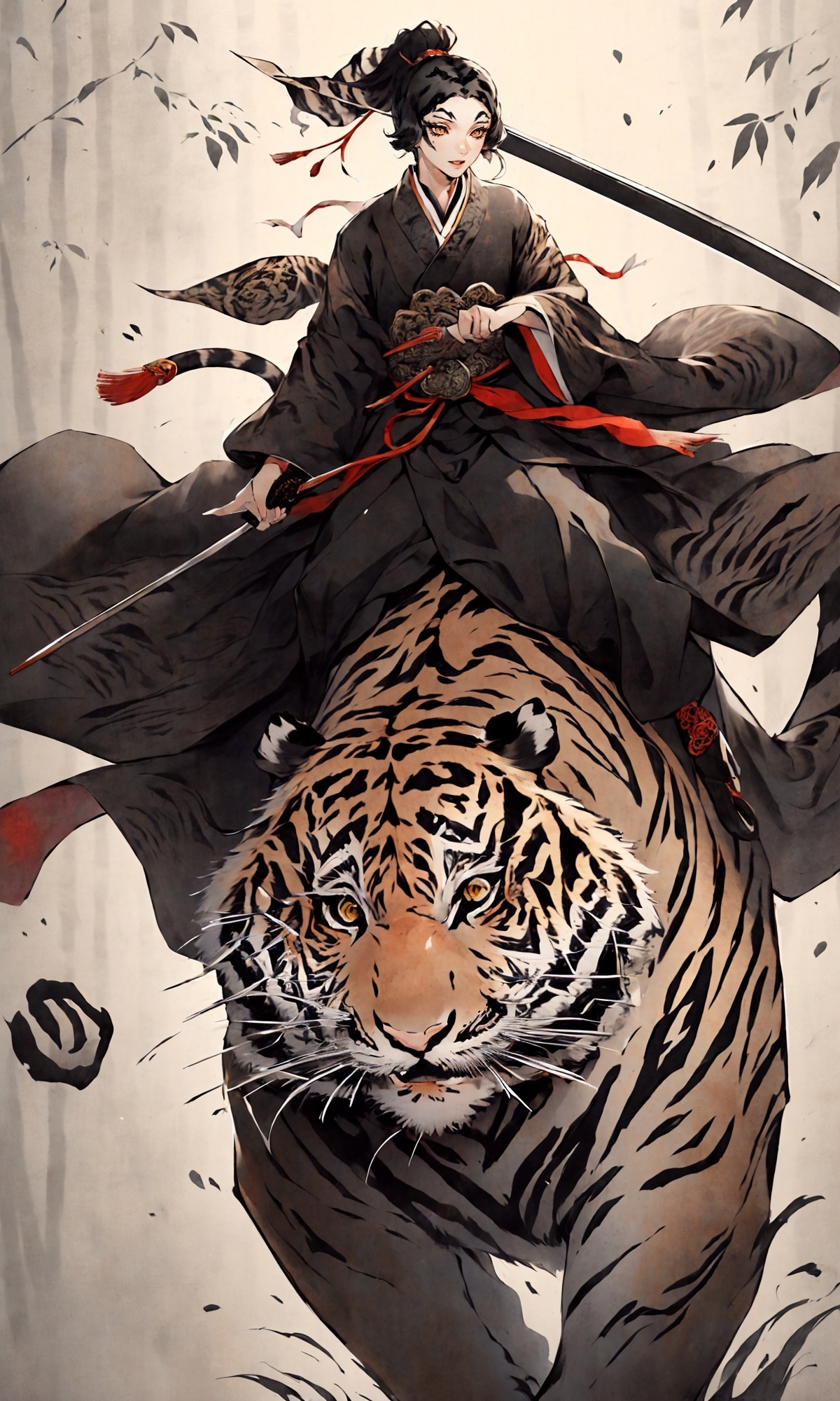 606247209521967942-259212714-1girl, solo, (black tiger_1.7), Chinese ink painting，East Asian architecture，Riding a giant tiger，_.jpg